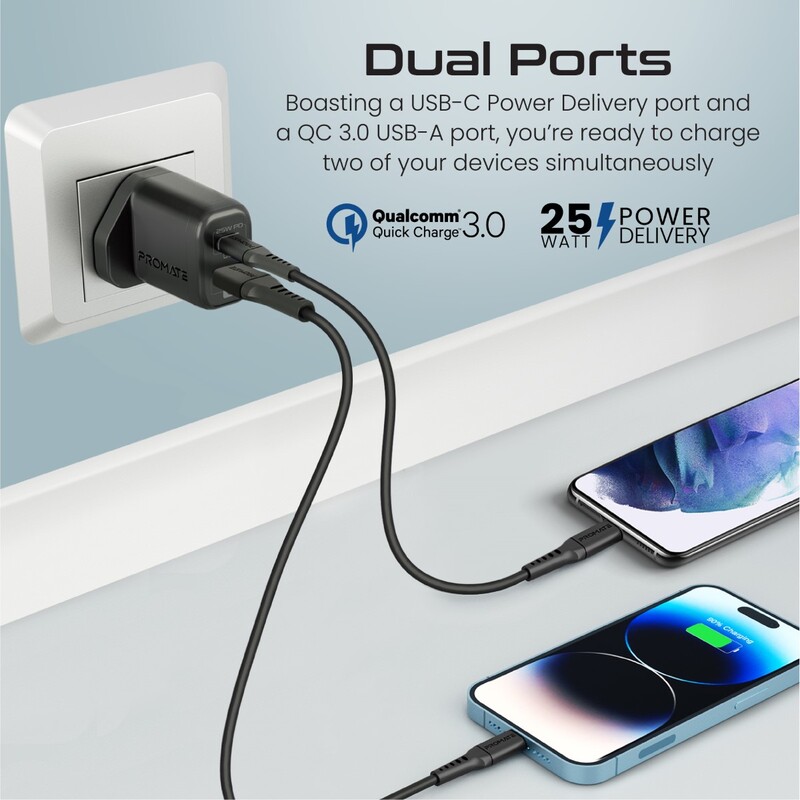 Promate USB-C Adapter and Cable Set for iPhone 14 Pro with Dual Port AC Charger, 25W Power Delivery, 18W QC 3.0, 27W Type-C to Lightning Silicone Cable, Data Sync and Adaptive Charging for iPhone